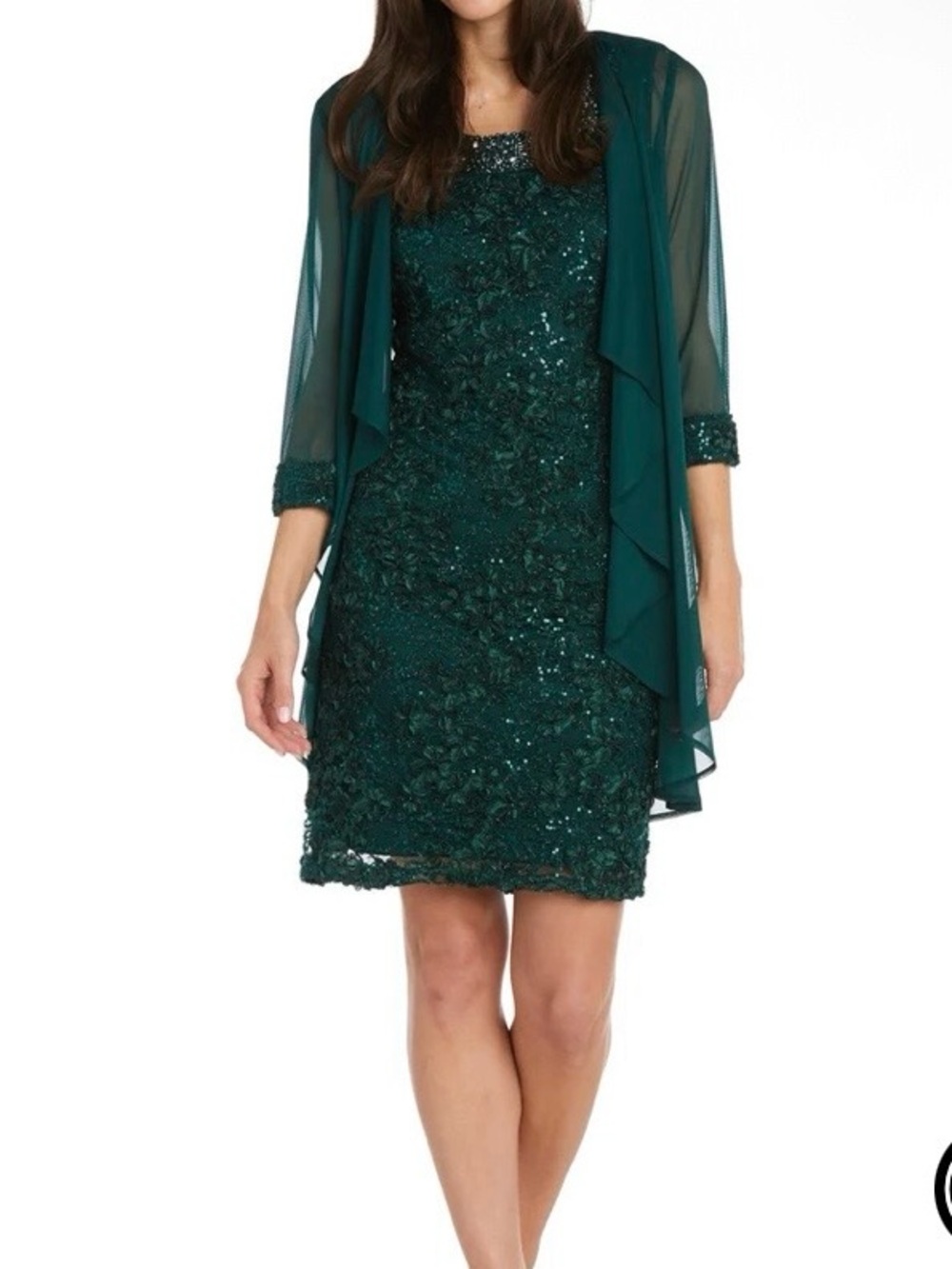 R&M Richards Emerald Green Formal Sequined Midi Dress with Chiffon Jacket